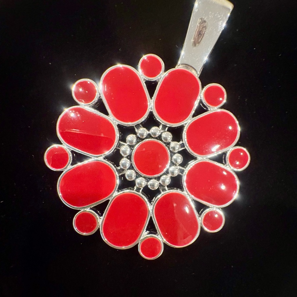 Vintage Premier Designs Reversible Enamel Pendant Teal Blue / Red Flower